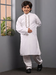 Embroidered Solid White Kurta Pajama Set For Kids Boys