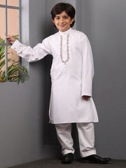 Embroidered Solid White Kurta Pajama Set For Kids Boys