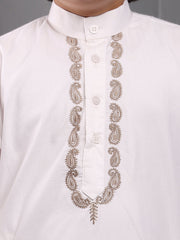 Embroidered Solid White Kurta Pajama Set For Kids Boys