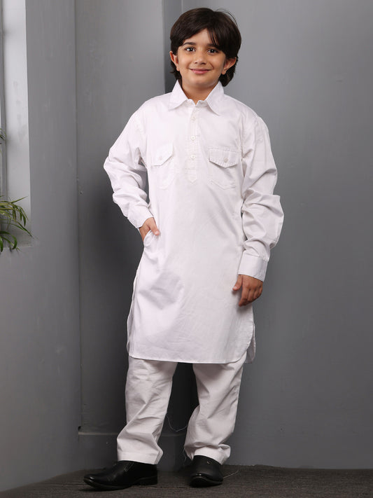 White Solid Pathani Kurta Pajama Set For Kids Boys