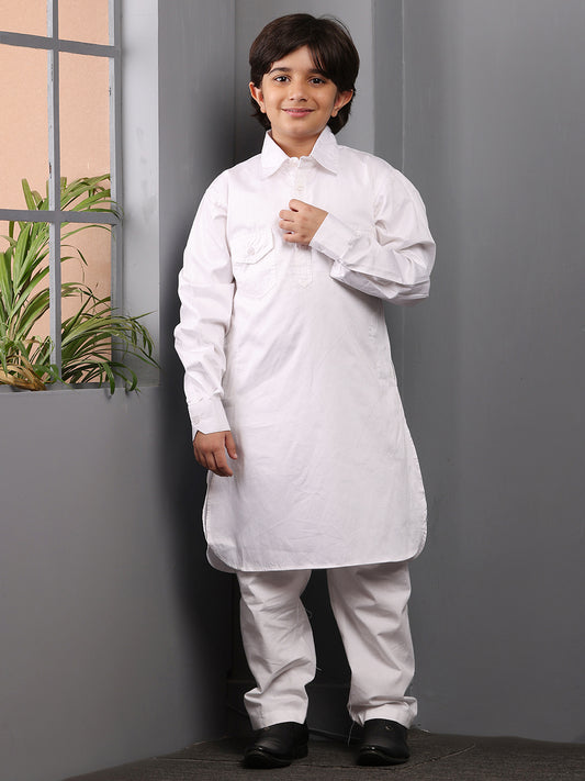 White Solid Pathani Kurta Pajama Set For Kids Boys