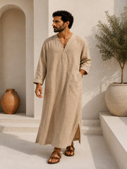 Men's Beige Linen Long Sleeve Kaftan | V neck Gown | Moroccan Robe