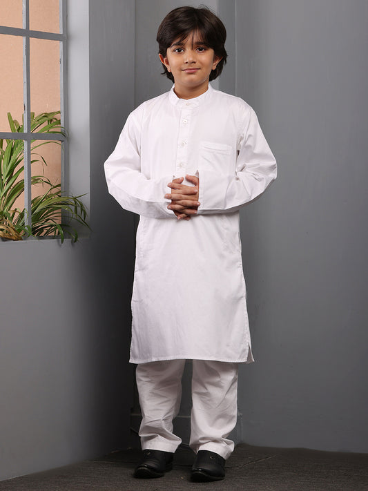 White Solid Kurta Pajama Set For Kids Boys