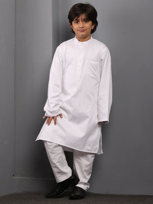 White Solid Kurta Pajama Set For Kids Boys