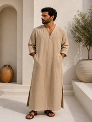Men's Beige Linen Long Sleeve Kaftan | V neck Gown | Moroccan Robe