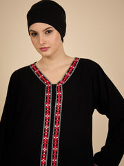Modest Embroidered Front Open Black Abaya with Matching Hijab
