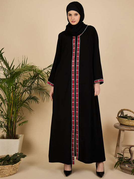 Modest Embroidered Front Open Black Abaya with Matching Hijab