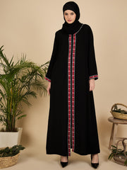 Modest Embroidered Front Open Black Abaya with Matching Hijab