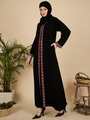 Modest Embroidered Front Open Black Abaya with Matching Hijab