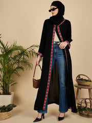 Modest Embroidered Front Open Black Abaya with Matching Hijab