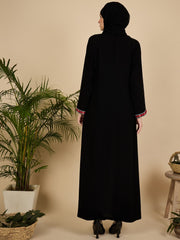 Modest Embroidered Front Open Black Abaya with Matching Hijab