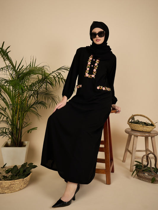 Modest Embroidered Black Abaya Burqa with Matching Hijab