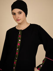 Front Open Modest Embroidered Abaya Burqa with Black Hijab