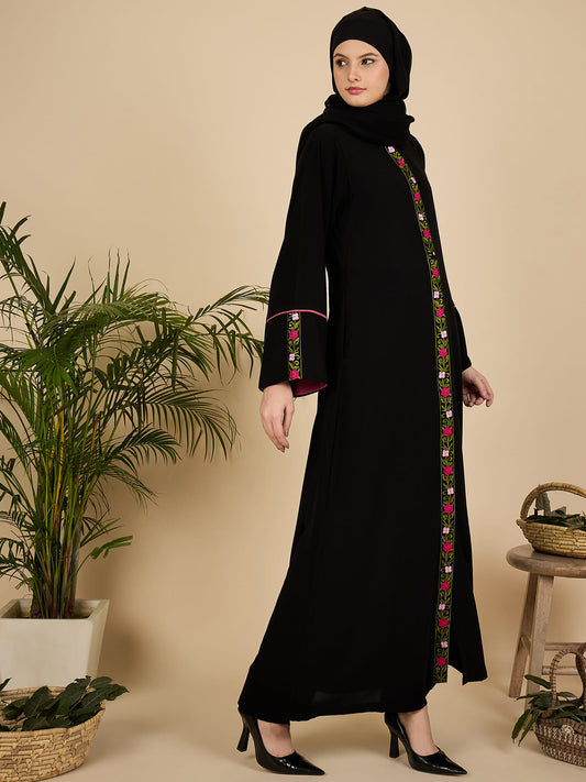 Front Open Modest Embroidered Abaya Burqa with Black Hijab