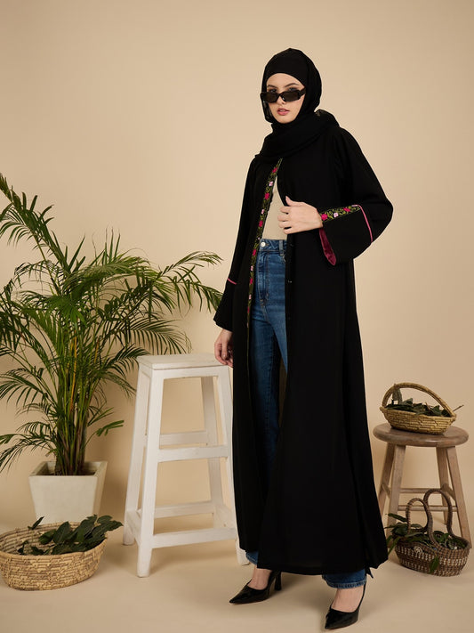 Front Open Modest Embroidered Abaya Burqa with Black Hijab