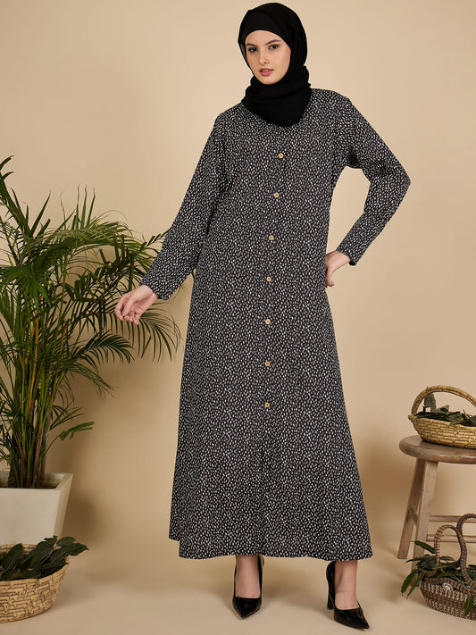 Front Open Modest Printed Abaya Burqa with Black Hijab