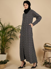 Front Open Modest Printed Abaya Burqa with Black Hijab