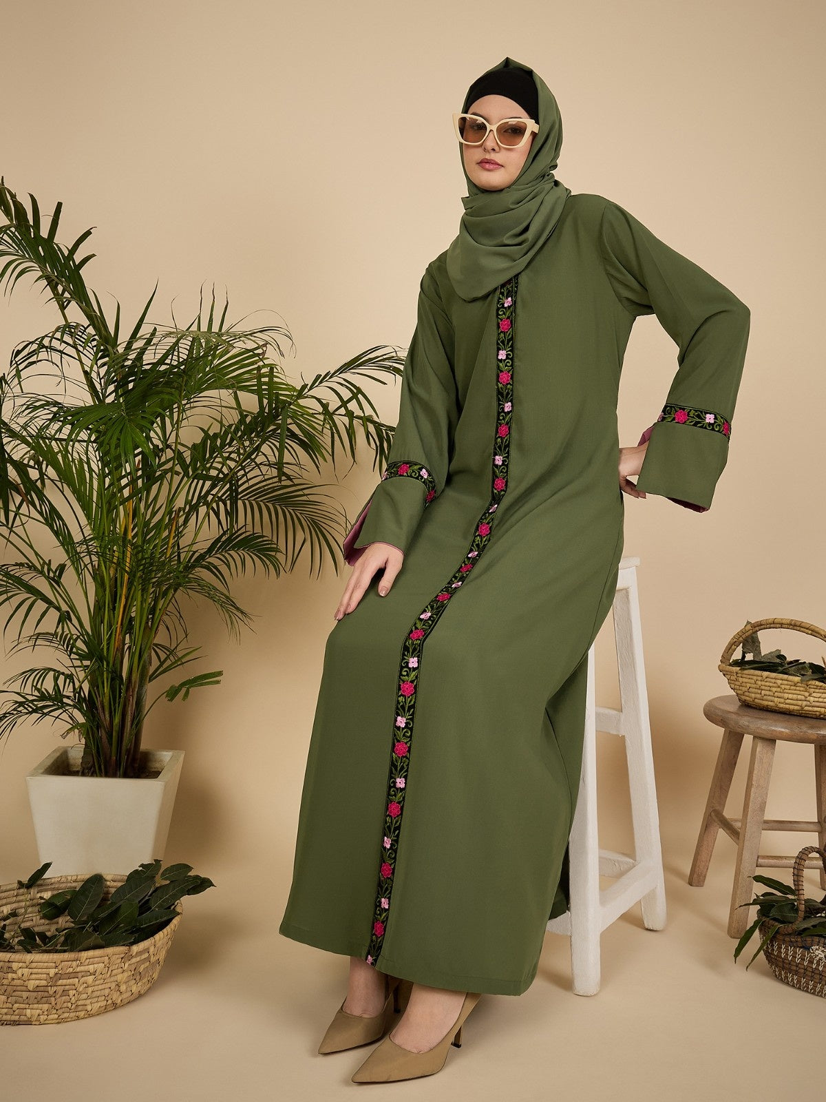 Embroidered Modest Jade Green Abaya with Matching Hijab