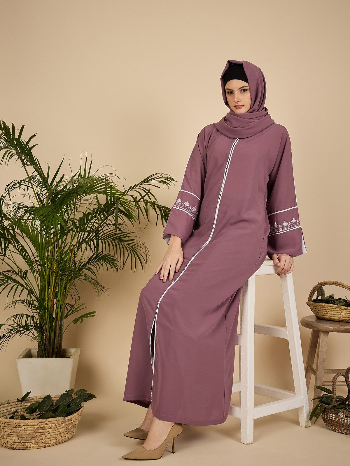 Modest Embroidered Pink Abaya Burqa with Matching Hijab