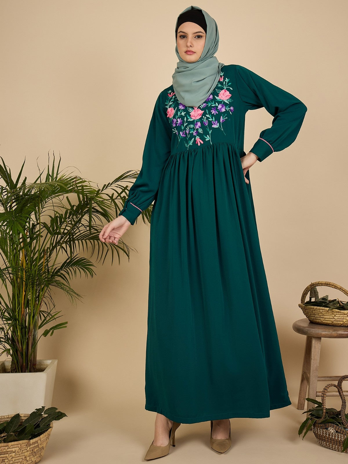 Embroidered Modest Green Abaya Burqa with Matching Hijab