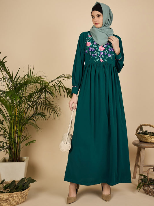 Embroidered Modest Green Abaya Burqa with Matching Hijab