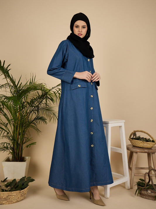 Front Open Modest Denim Abaya Burqa for Women with Georgette Hijab