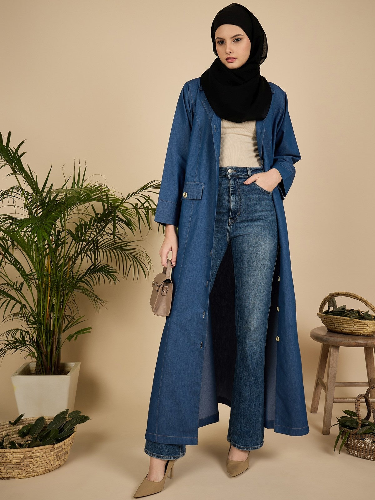 Front Open Modest Denim Abaya Burqa for Women with Georgette Hijab