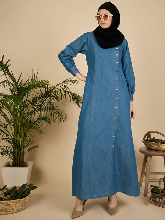 Blue Solid Modest Women Denim Abaya Burqa with Black Georgette Hijab
