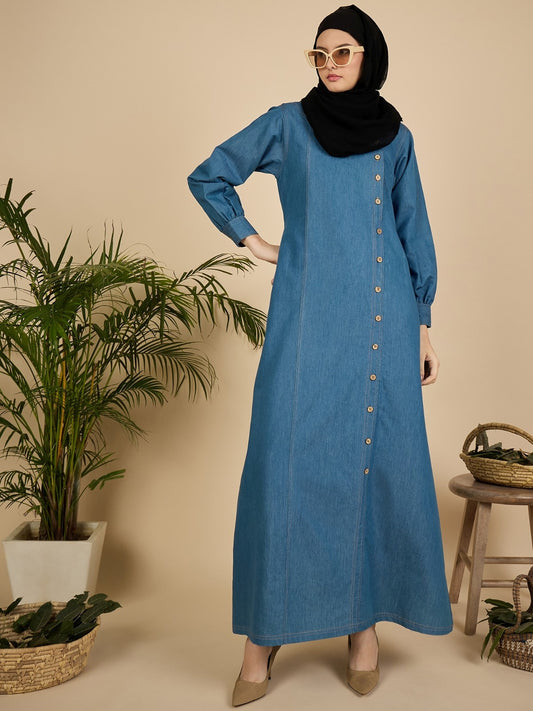Blue Solid Modest Women Denim Abaya Burqa with Black Georgette Hijab