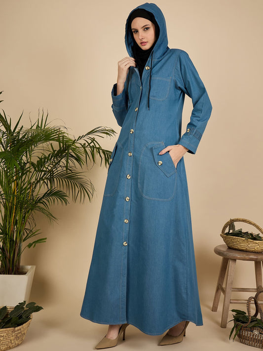 Front Open Modest Hoodie Denim Abaya Burqa for Women