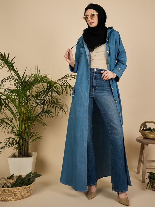 Front Open Modest Hoodie Denim Abaya Burqa for Women