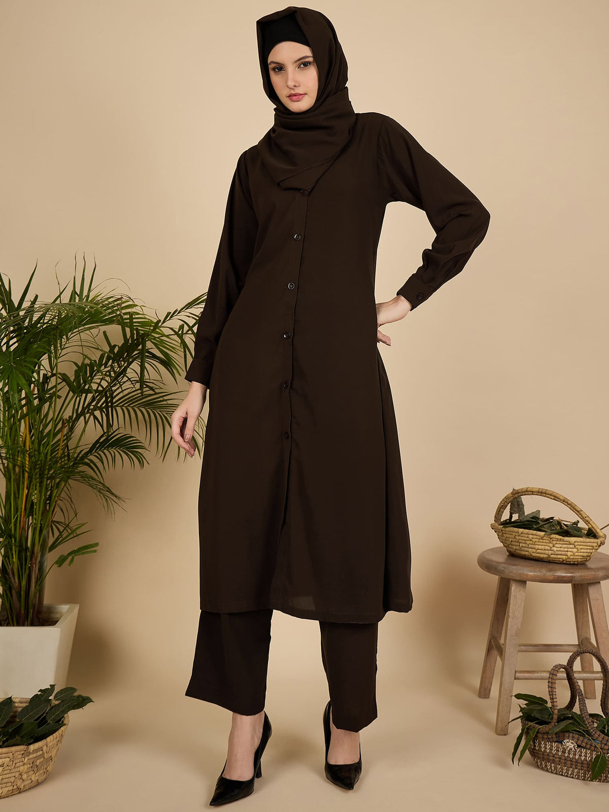 Front Open Brown Co-Ord Set for Women