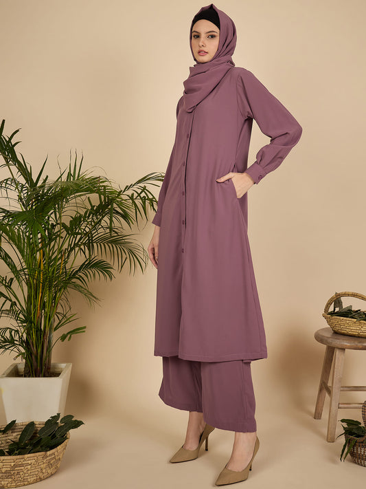 Front Open Puce Pink Co-Ord Set for Women