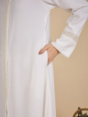 Embroidered White Front Open Modest Abaya with matching scarf