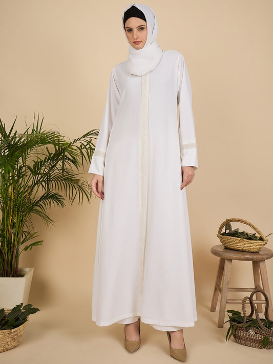 Embroidered White Front Open Modest Abaya with matching scarf
