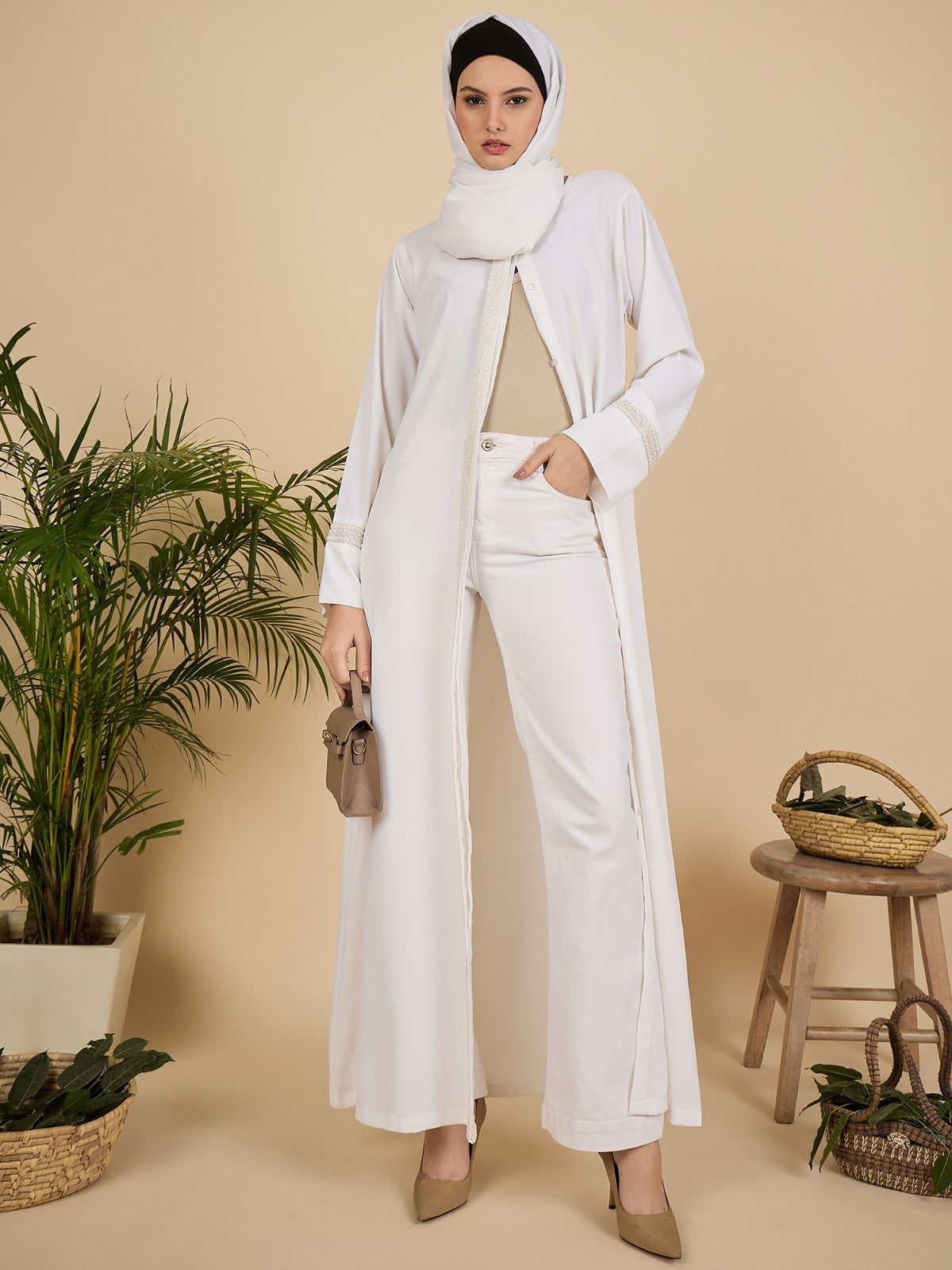 Embroidered White Front Open Modest Abaya with matching scarf