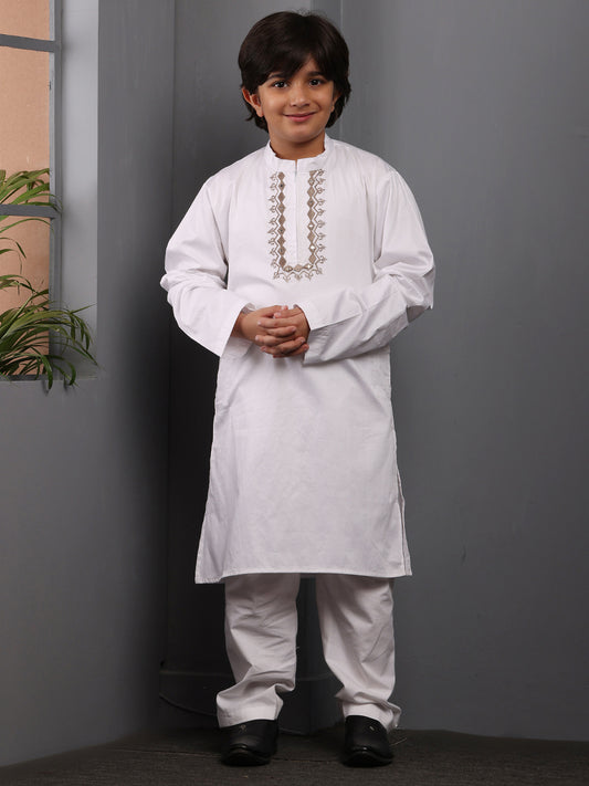 Embroidery Details White Solid Kurta Pajama Set For Kids Boys