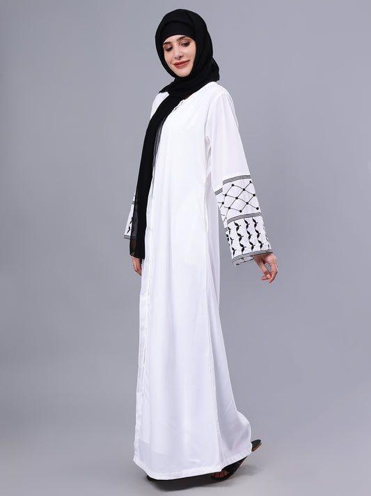 Front Open White Kefiyyeh Embroidery Abaya With Black Hijab