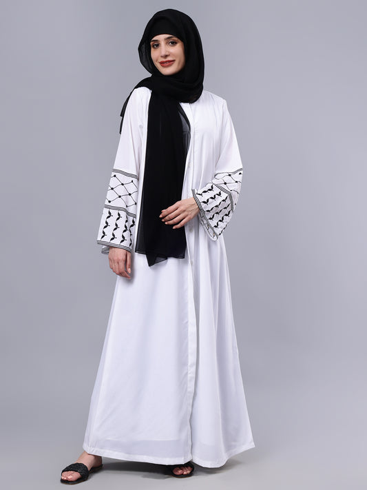 Front Open White Kefiyyeh Embroidery Abaya With Black Hijab