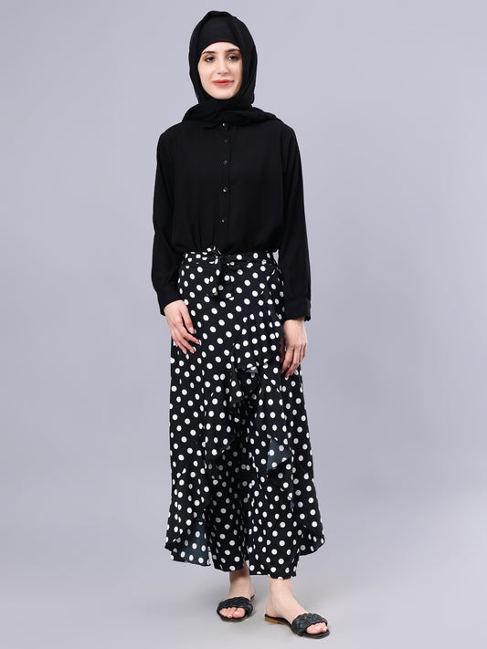 Black and White Polka Printed Skirt With Attached Trouser