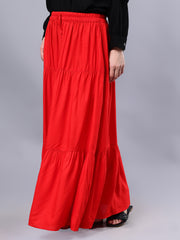 Red Solid Maxi Casual Skirt For Girls & Women