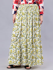 White and Yellow Floral Printed Maxi Skirt For Girls & Women