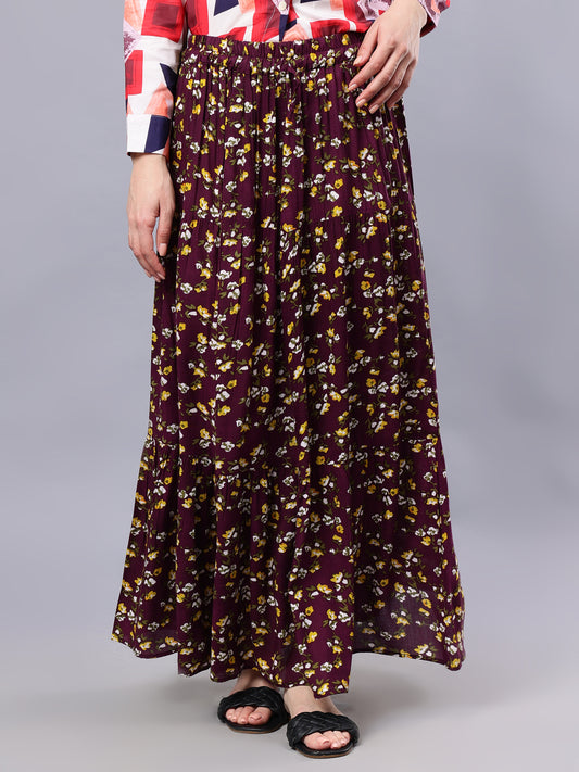 Purple and Yellow Floral Printed Maxi Skirt For Girls & Women