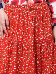 Red Floral Printed Maxi Skirt For Girls & Women