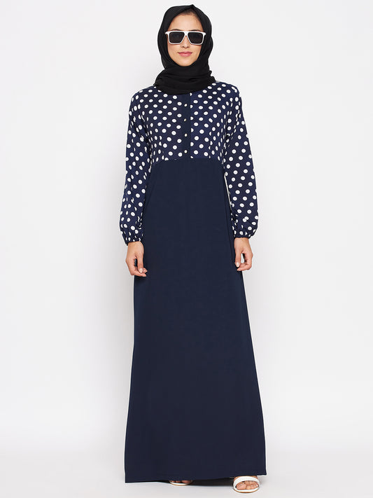 Blue and White Polka Printed Crepe Abaya for Women with Black Georgette Hijab