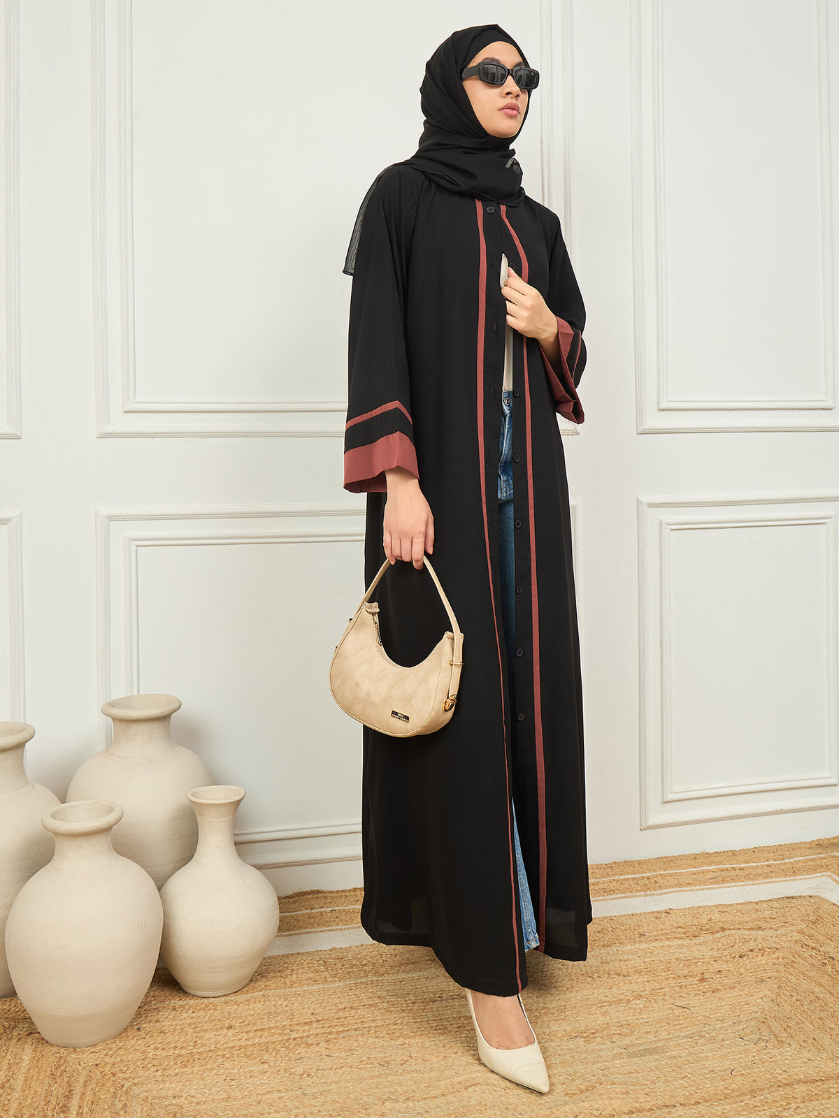 Front Open Two-colored black and rust Solid abaya burqa with Black Georgette Hijab