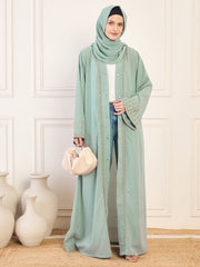 Sea Green Front Open Solid Hand Work Detailing Luxury Abaya Burqa For Women With Matching Hijab