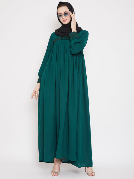 Green Lace Work Abaya for Women with Black Georgette Scarf S / 66 [+$ 4.99]