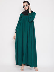 Bottle Green Solid Lace work Designed Abaya Dress for Women with Black Georgette Scarf