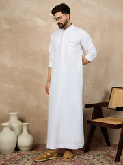 White Solid Mandarin Arabic Cotton Thobe For Men with Piping Detailing